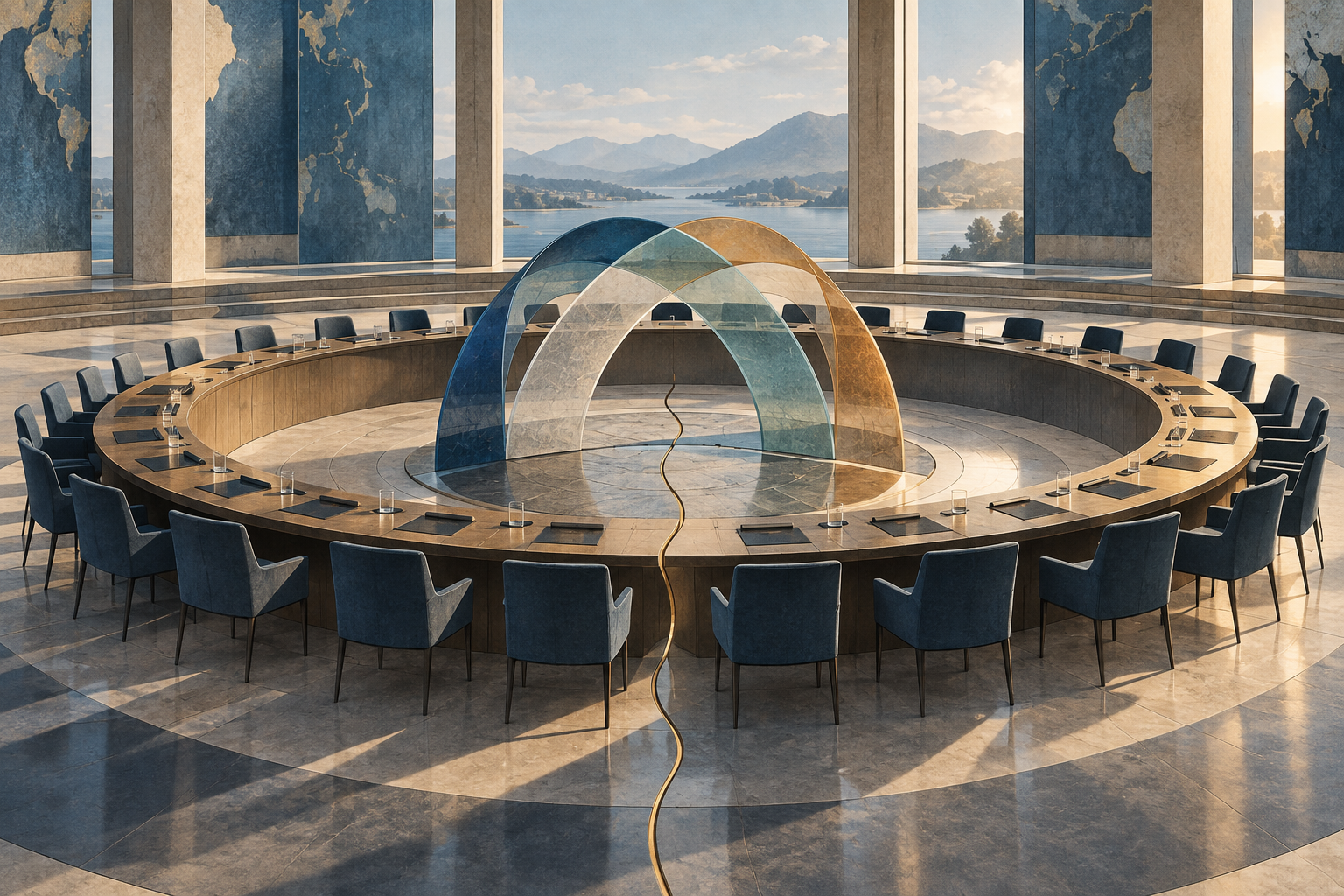 An intact four-arch structure at the center of a circular assembly table, with a narrow seam marking disagreement