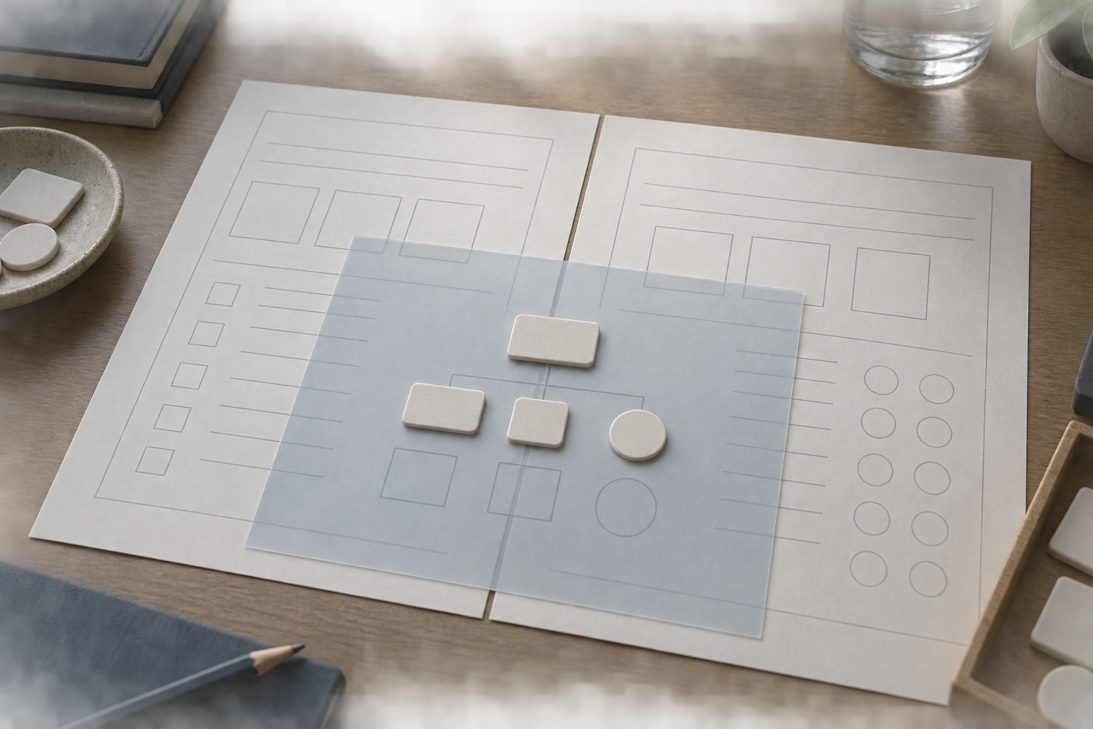 Two label-rule sheets overlap beneath a translucent review layer, illustrating compatibility checks without implying deployment.