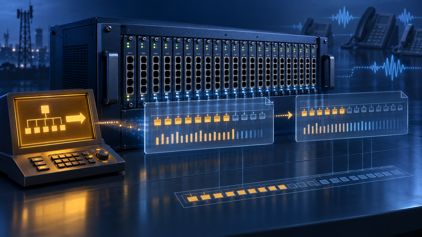 A dark-blue media gateway with many endpoint ports is queried by a separate amber Call Agent console. Two compact report packets show a continuation boundary and endpoint map; faint phone and waveform symbols sit outside the management report. Conceptual illustration, not a deployment or service test.