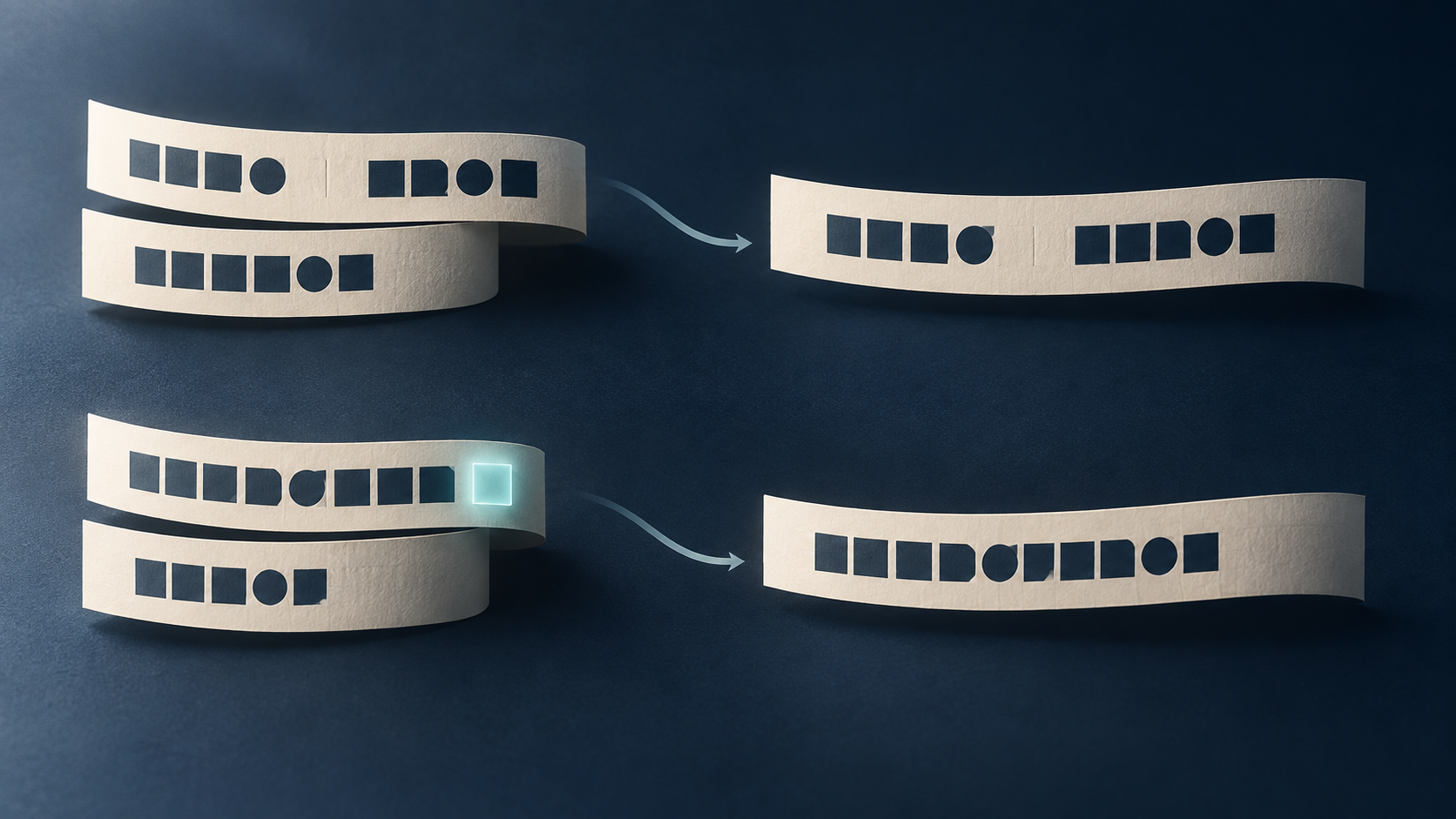 Two paper ribbons show flowed text being rejoined: one original word-space remains, while a teal inserted break marker disappears.
