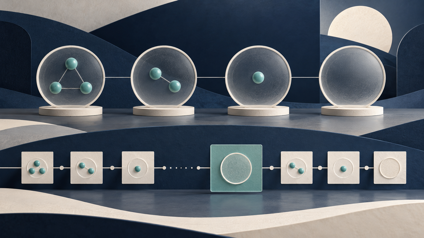 A stable registration frame remains after its contact nodes vanish, while a versioned notification sequence resynchronizes through a full-state update.