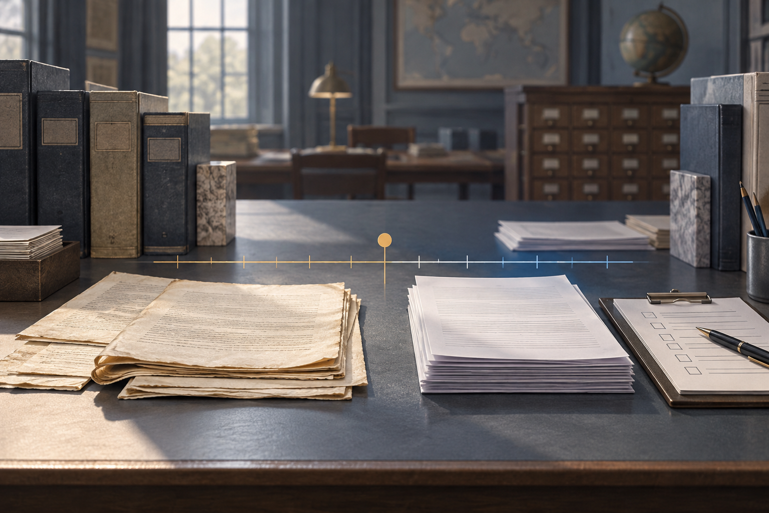 Archived standards papers and a newer review file sit on opposite sides of a timeline in a quiet reading room.