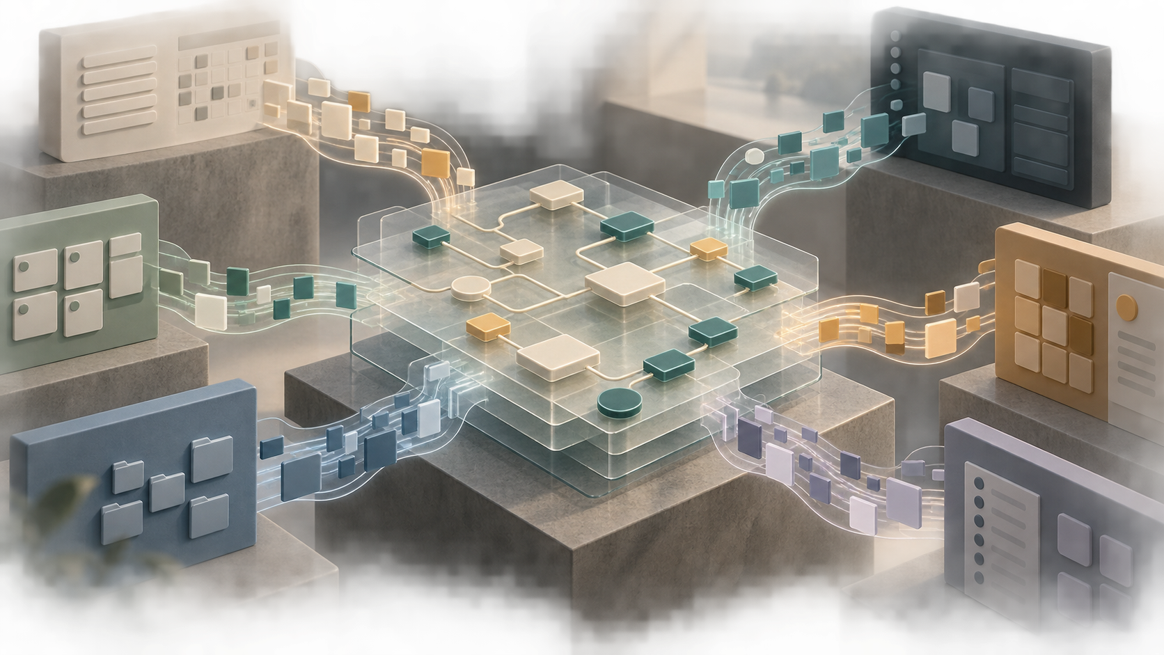 Editorial illustration of work-task signals converging from distinct software environments while remaining cross-platform; a concept, not an actual product.