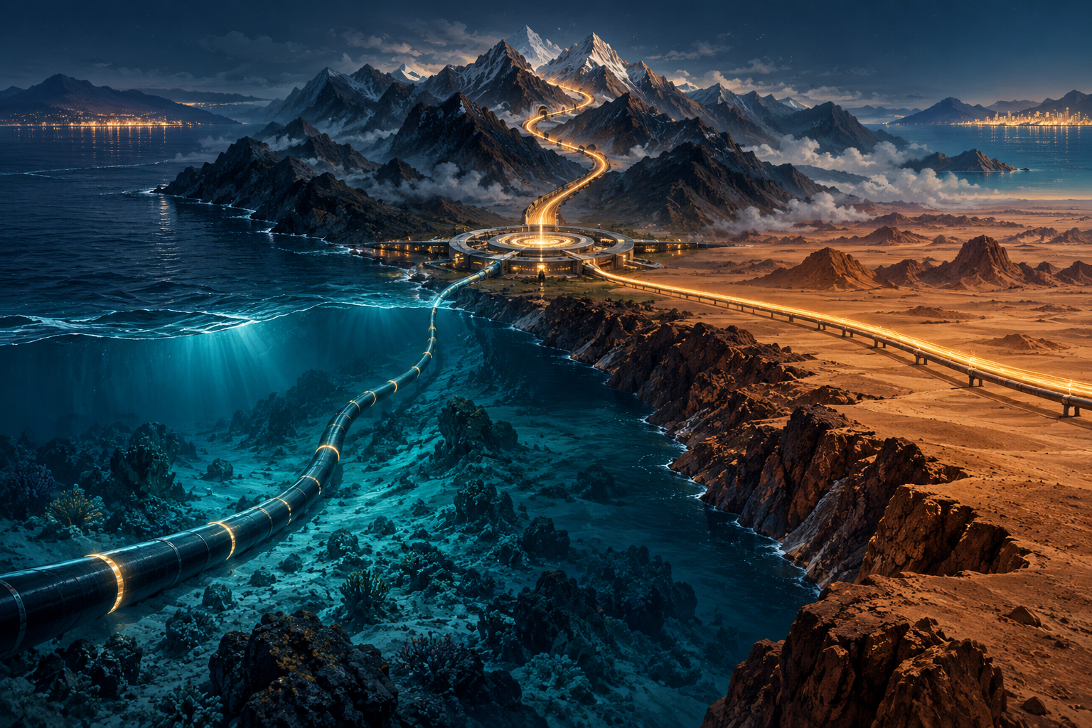 Editorial illustration of distinct submarine and terrestrial routes converging at an abstract wholesale exchange; conceptual, not an actual network map or e& project.