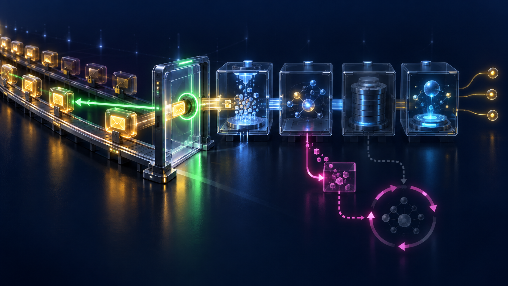 Amber notification capsules queue at an automated watcher gateway while a green return pulse unlocks the next send; separate glass chambers behind it represent parsing, state application, durable storage and downstream display, with a magenta resynchronization branch.