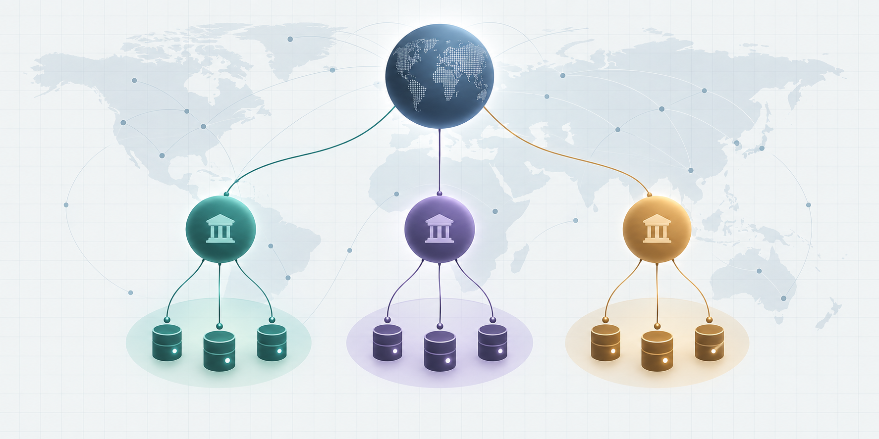 رسم يوضح سجلاً عالمياً لـ Handle يوجّه الطلبات إلى خدمات محلية مستقلة