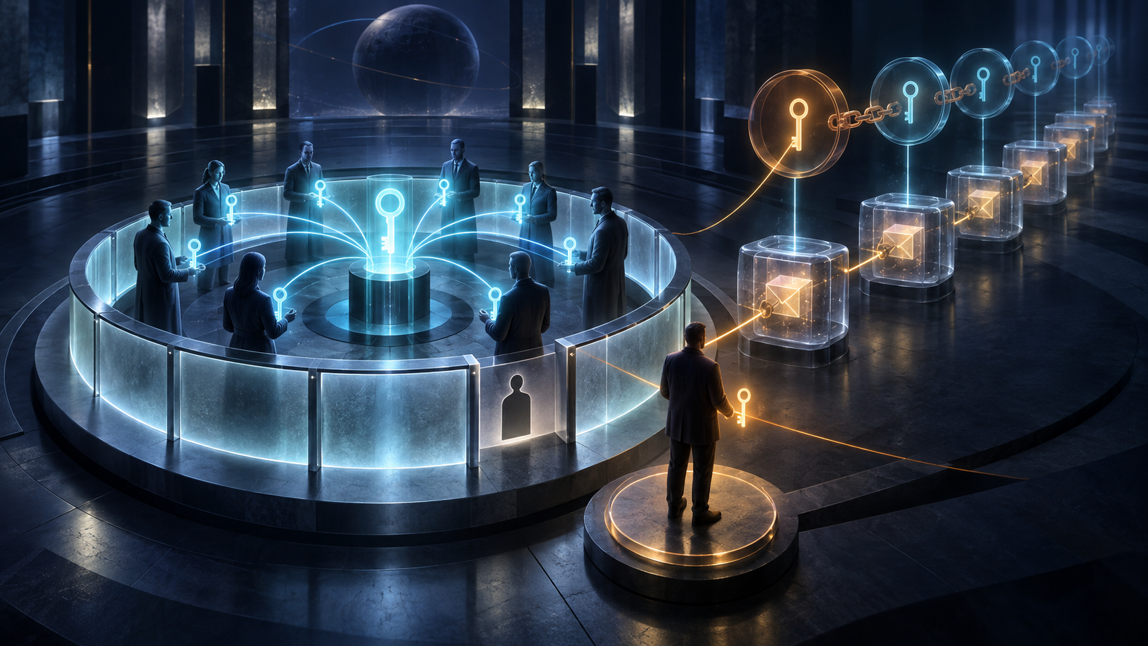 A former group member stands outside a frosted circular membership boundary while an amber key path still connects the person to encrypted messages and future key generations; continuing members receive a new cyan key.