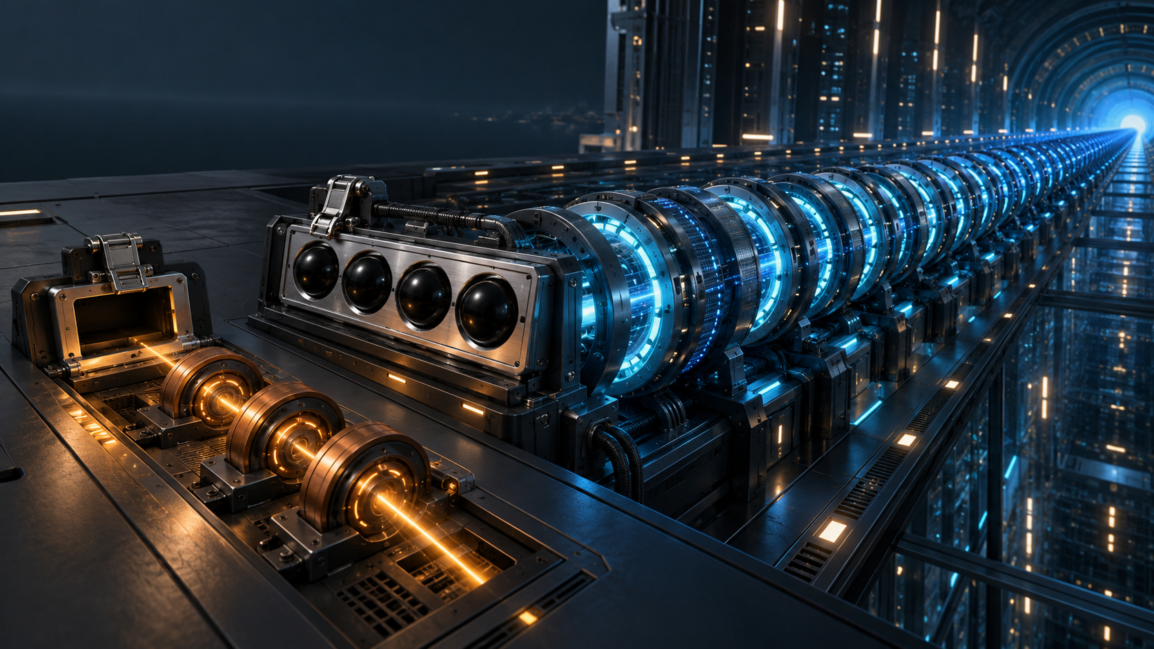 An empty socket drives a short amber processing path beside a present cassette with four black glass cells that feeds an immense blue tunnel of repeated computation rings, with no text or symbols.