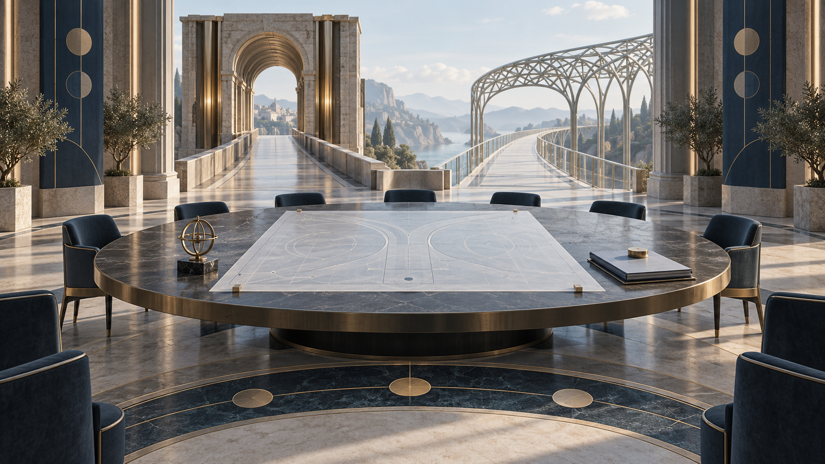 A multilateral drafting table faces two open routes, one solid and one open-lattice, illustrating a renewed negotiation whose legal form remains undecided.