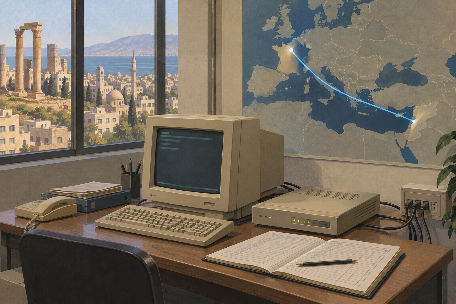Ouvrir la fiche La liaison tenait, mais coûtait trop cher : le chemin d’AUB vers Internet par Paris, 1992–1995