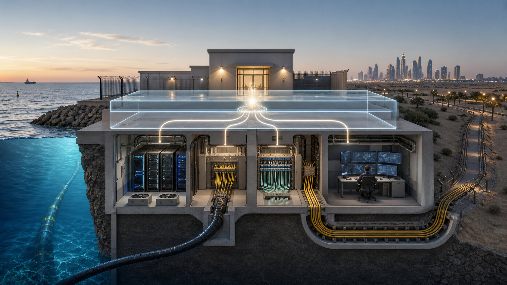 Conceptual cutaway of a submarine-cable landing station where one cable feeds equipment hosting, optical interconnection, inland backhaul and remote operations