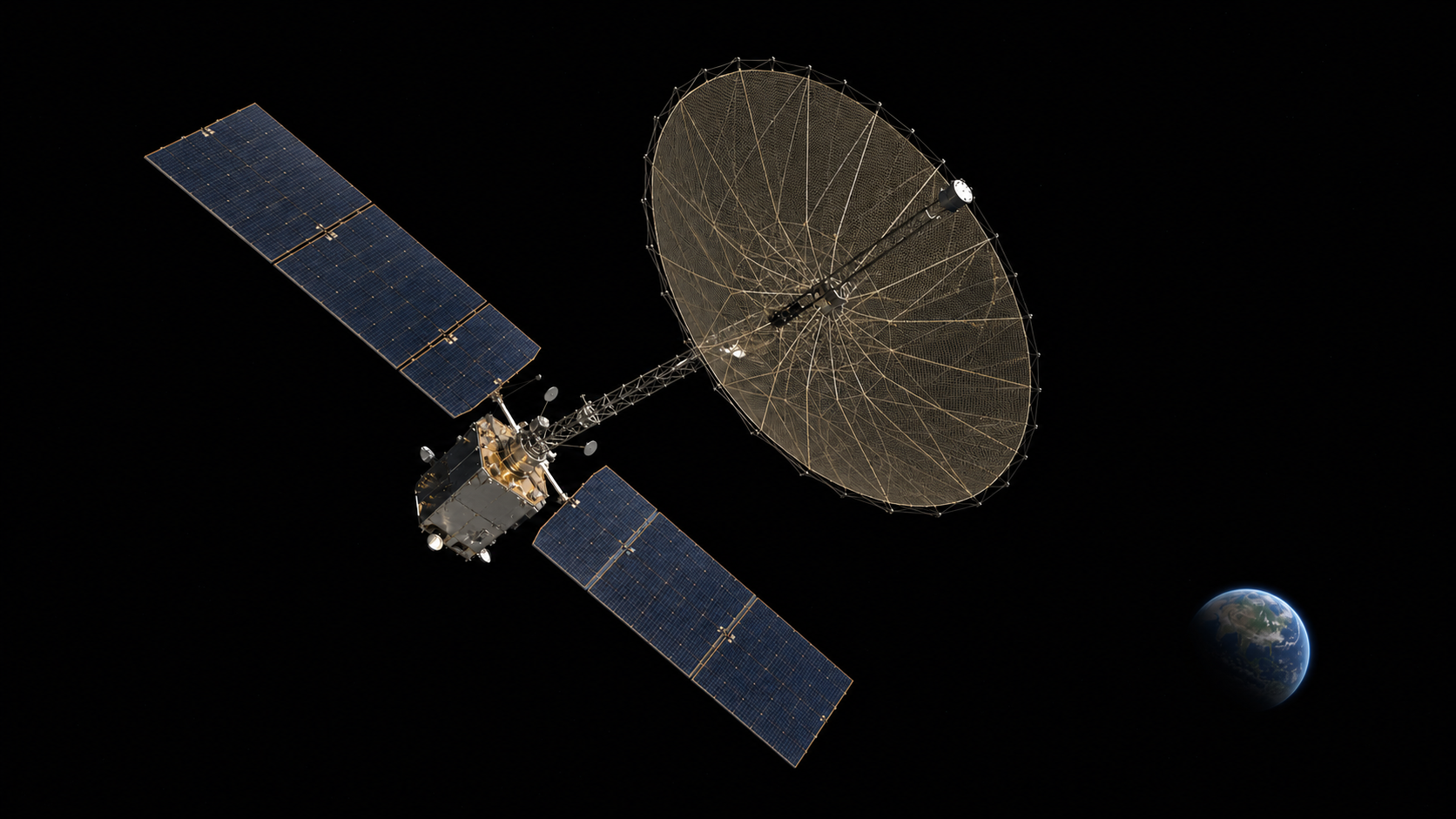 Large communications satellite with an open mesh reflector and deployed boom in deep space above a distant Earth