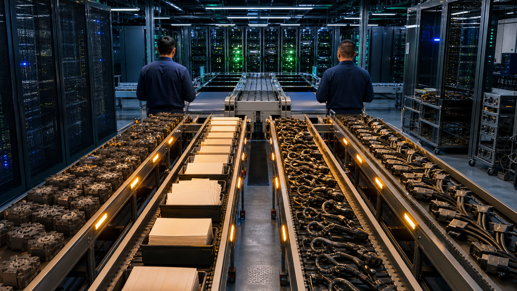 Four distinct physical work queues hold moderate backlogs before clearing into healthy server racks