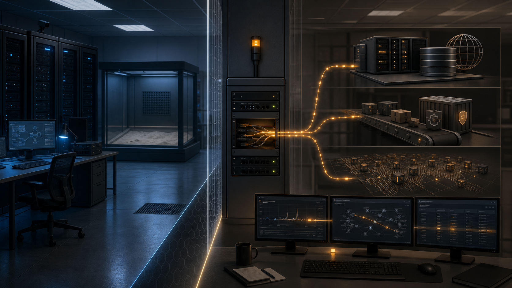 An isolated AI test lab is separated from three external system types by a transparent boundary, while one amber network path crosses an incorrectly open central gateway.