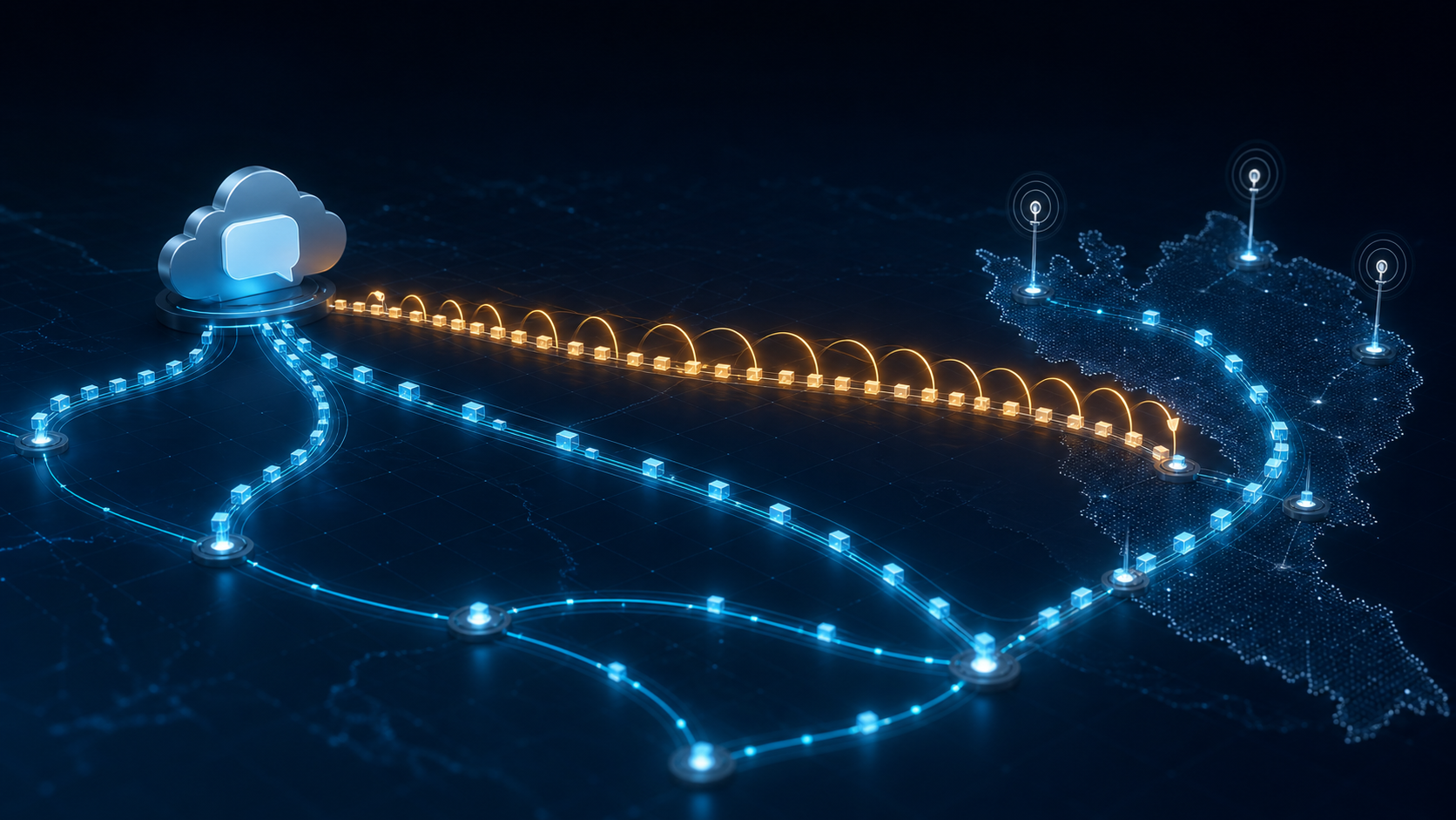 An amber SMS queue stretches along one route toward an abstract Malaysian network boundary, then shortens into stable cyan flow under monitoring beacons.