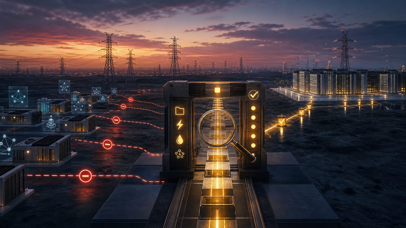 Data-centre connection paths converge on an illuminated audit checkpoint before reaching the Texas grid.