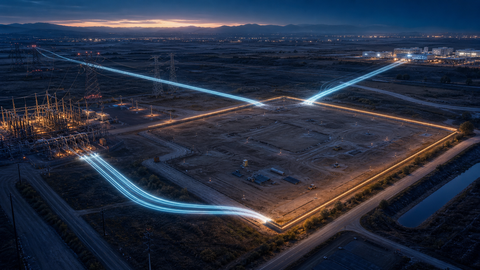Editorial illustration of power and capital paths converging on an undeveloped AI data-centre parcel.