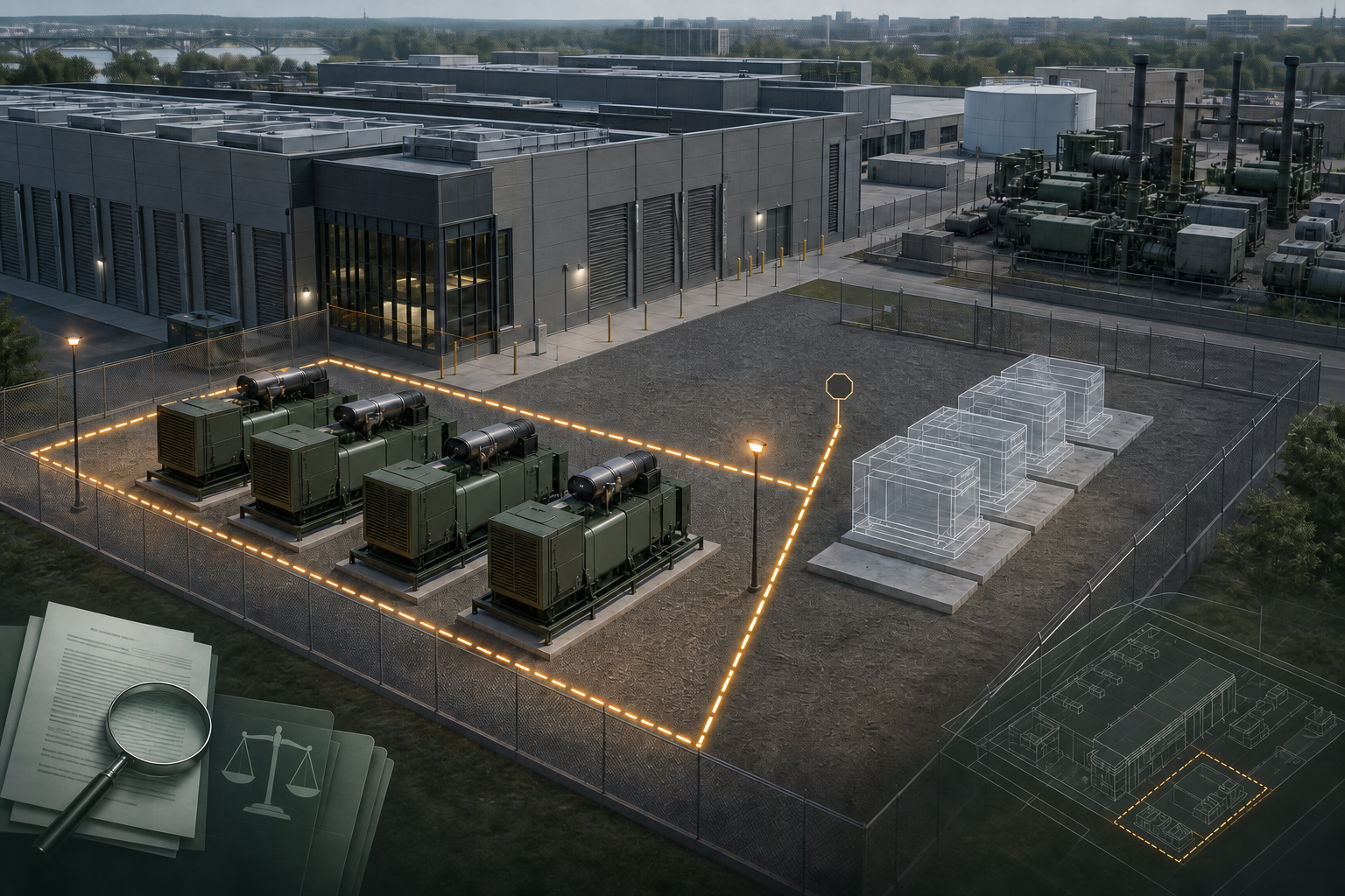 Editorial data-centre yard with four installed generators inside a conditional boundary and four unbuilt units shown as transparent silhouettes.
