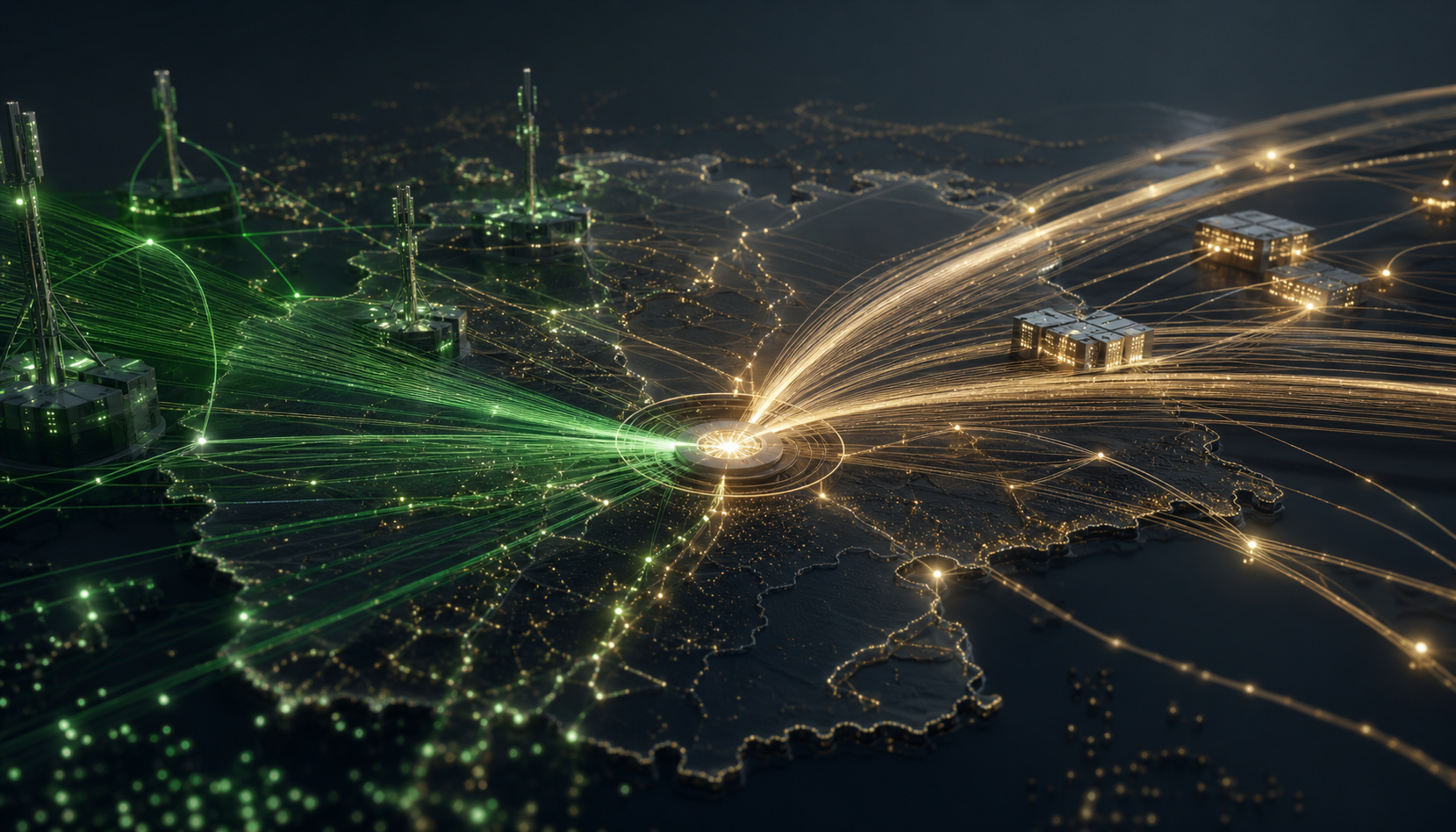 Generated editorial visual of fibre routes and mobile network towers converging over Germany to represent 1&1 acquiring 1&1 Versatel