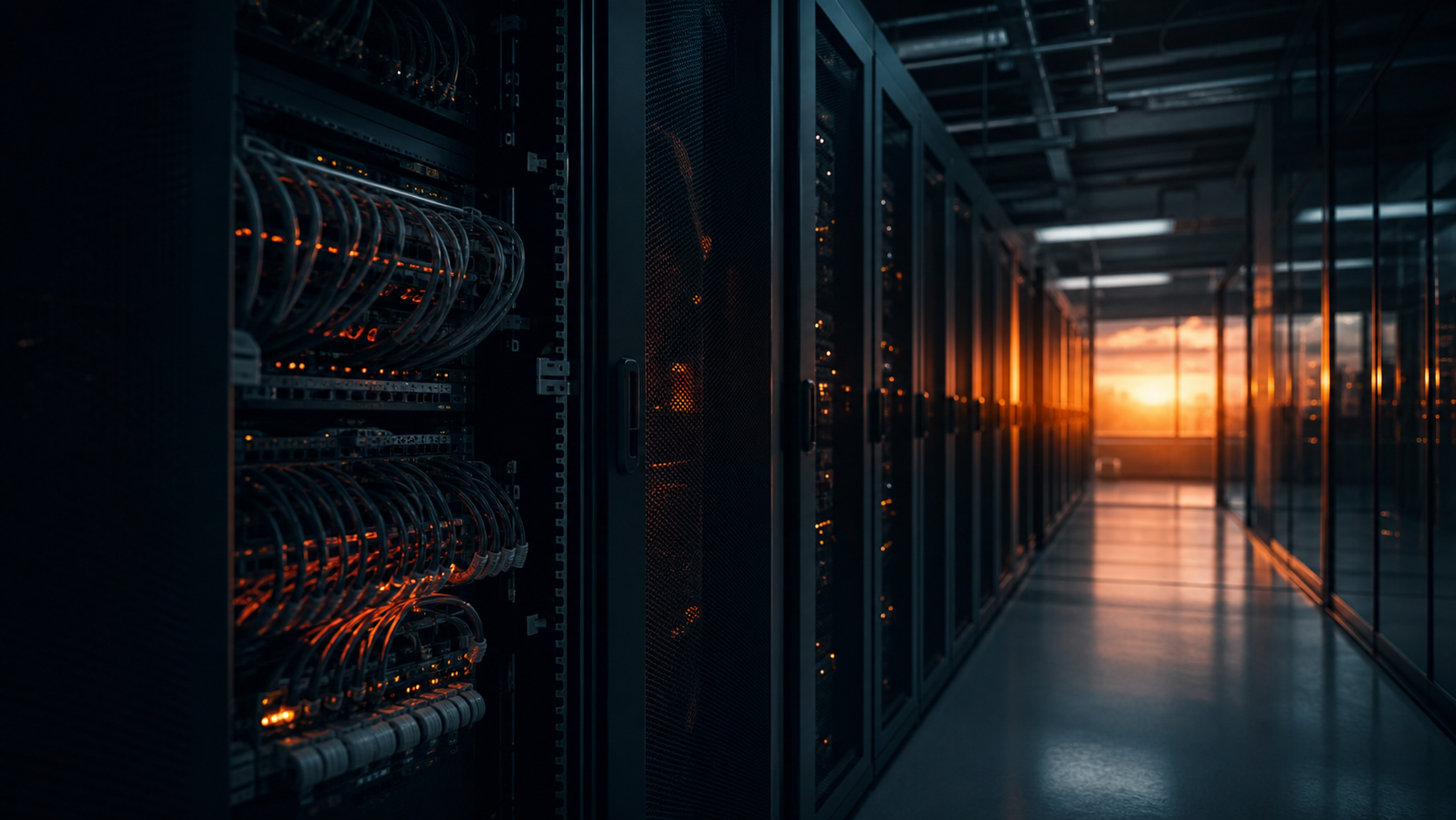 Editorial image of a late-night edge data center representing 24fire GmbH hosting operations