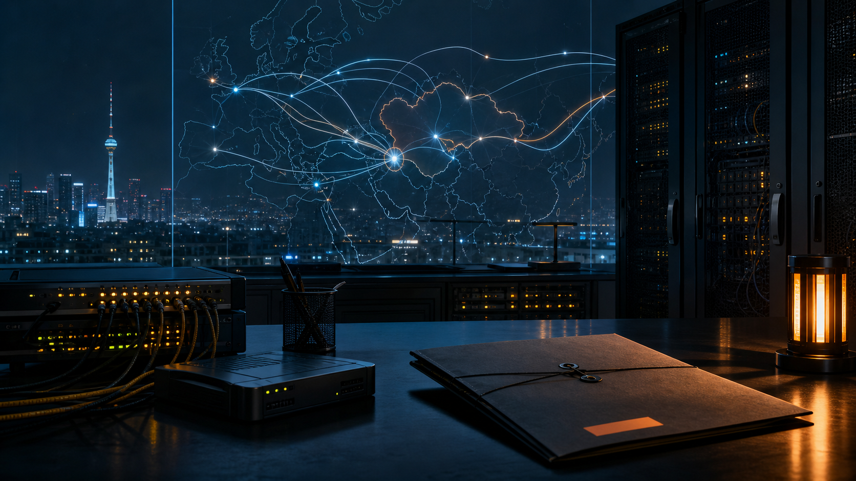 Network operations room with abstract Central Asia route lines for the AER-CA LLC and AliExpress NCC AS211914 routing profile