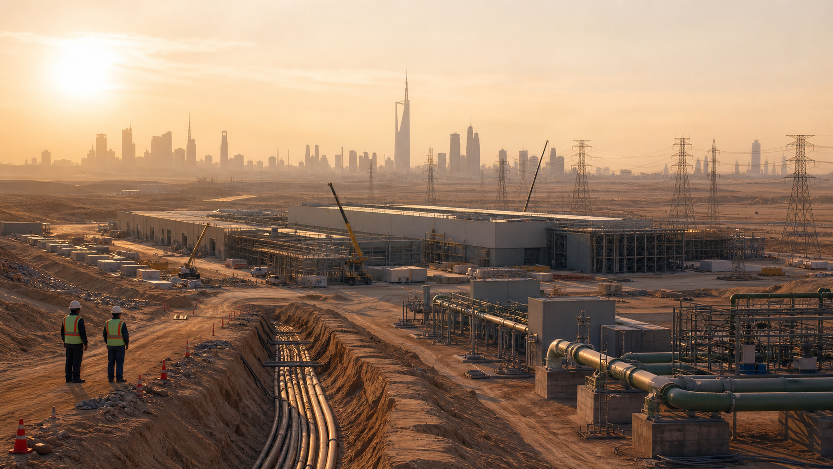 Saudi desert-edge data-centre construction site with power pylons, fibre trenches, cooling infrastructure and Riyadh skyline haze.