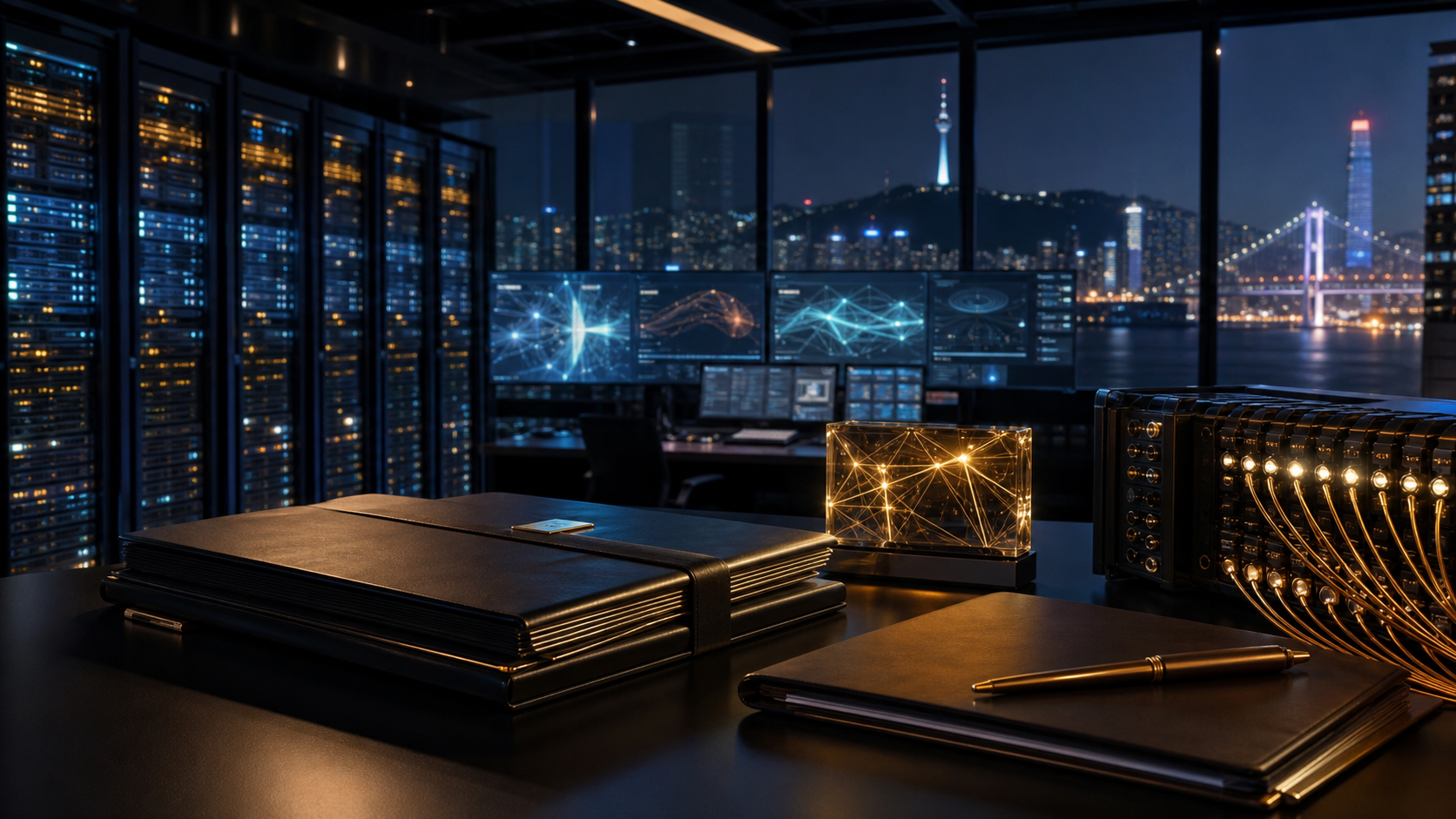 AI and telecom network control room with secure investment folders representing SK Telecom's strategic investment in Anthropic.