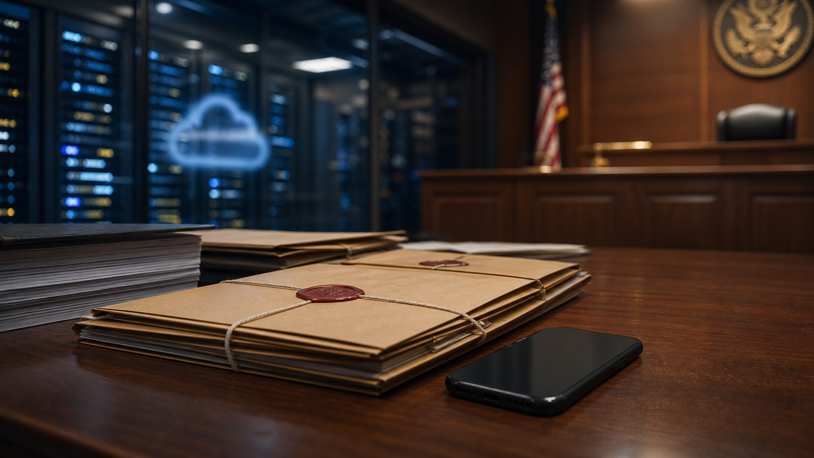 Sealed court evidence folders beside a smartphone with cloud-storage infrastructure in the background, representing iCloud backup antitrust litigation