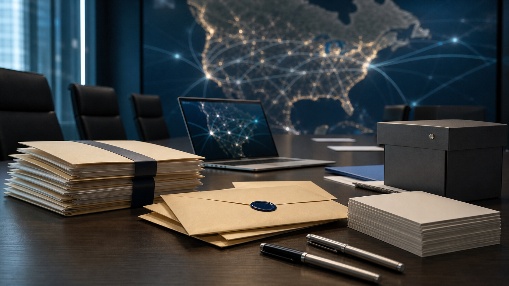 Editorial governance table with nomination packets, ballots and abstract North American network routes for ARIN's 2025 election nominations