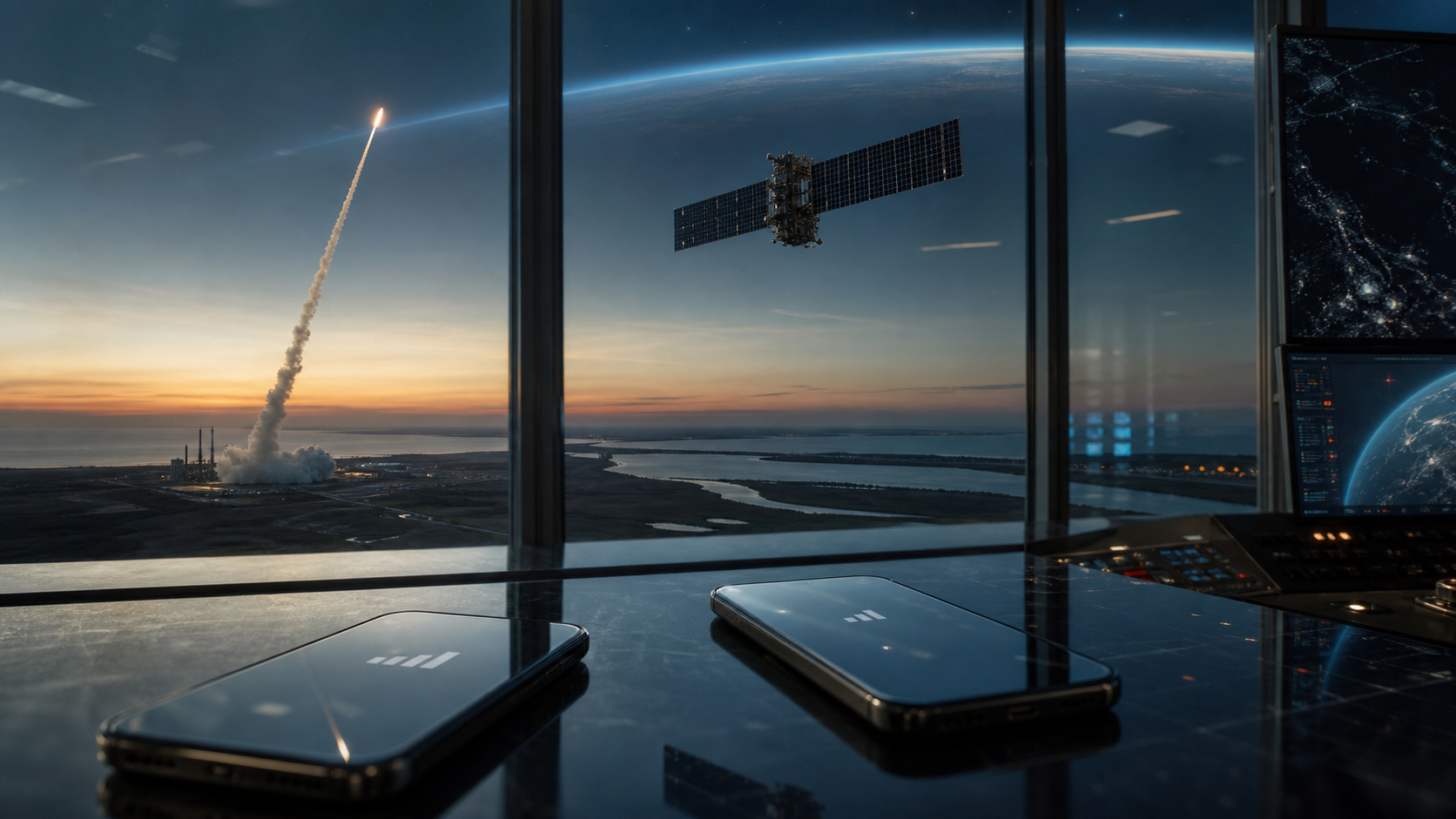 Generated editorial scene of a launch, low-earth-orbit satellite and reflected phones representing pressure on AST SpaceMobile's direct-to-device rollout