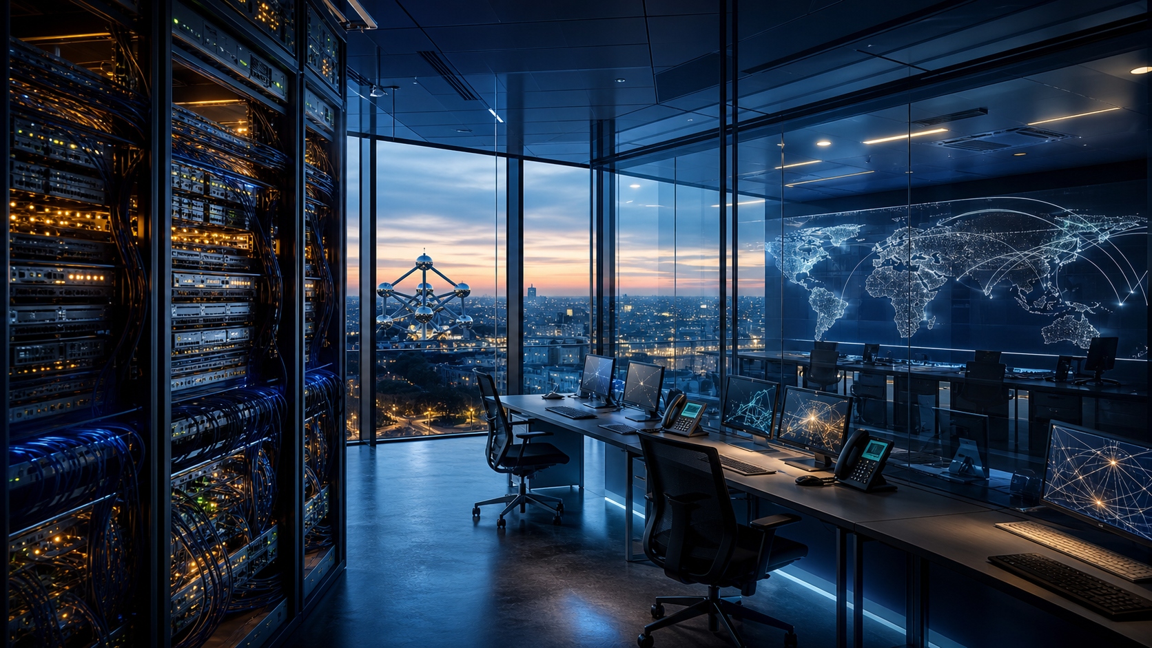 A premium editorial view of enterprise telecom and cloud communications operations connecting global offices through carrier voice and cloud systems