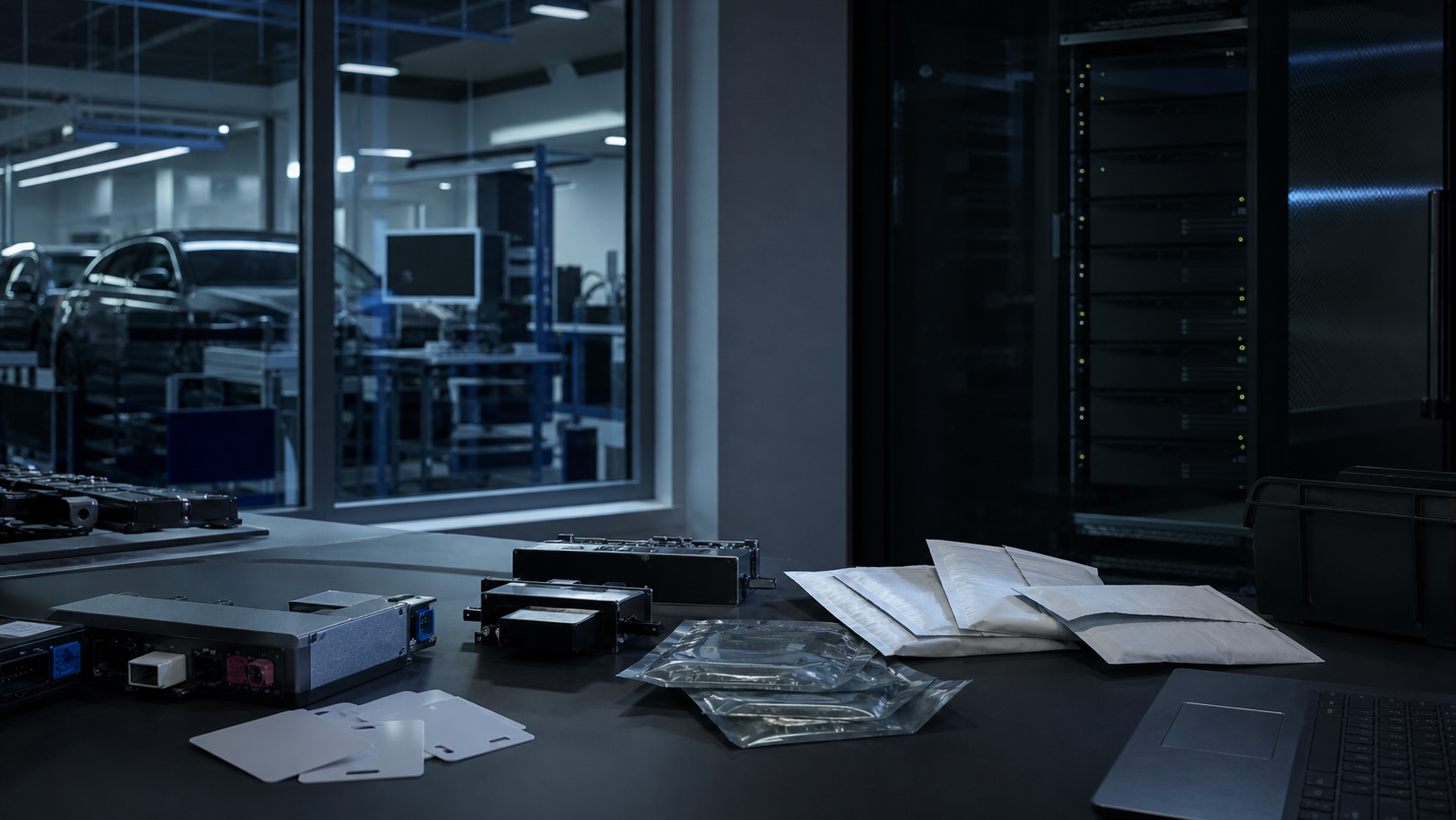 Generated editorial scene of an automotive software lab and locked cloud operations area after a BMW development storage exposure