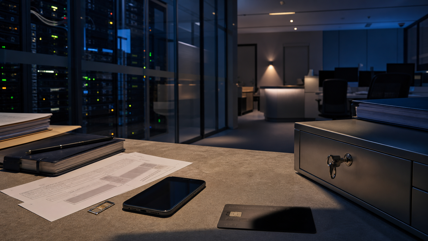 Generated editorial scene of a French telecom operations workspace with customer account forms, a SIM tray and locked compliance storage after a data breach