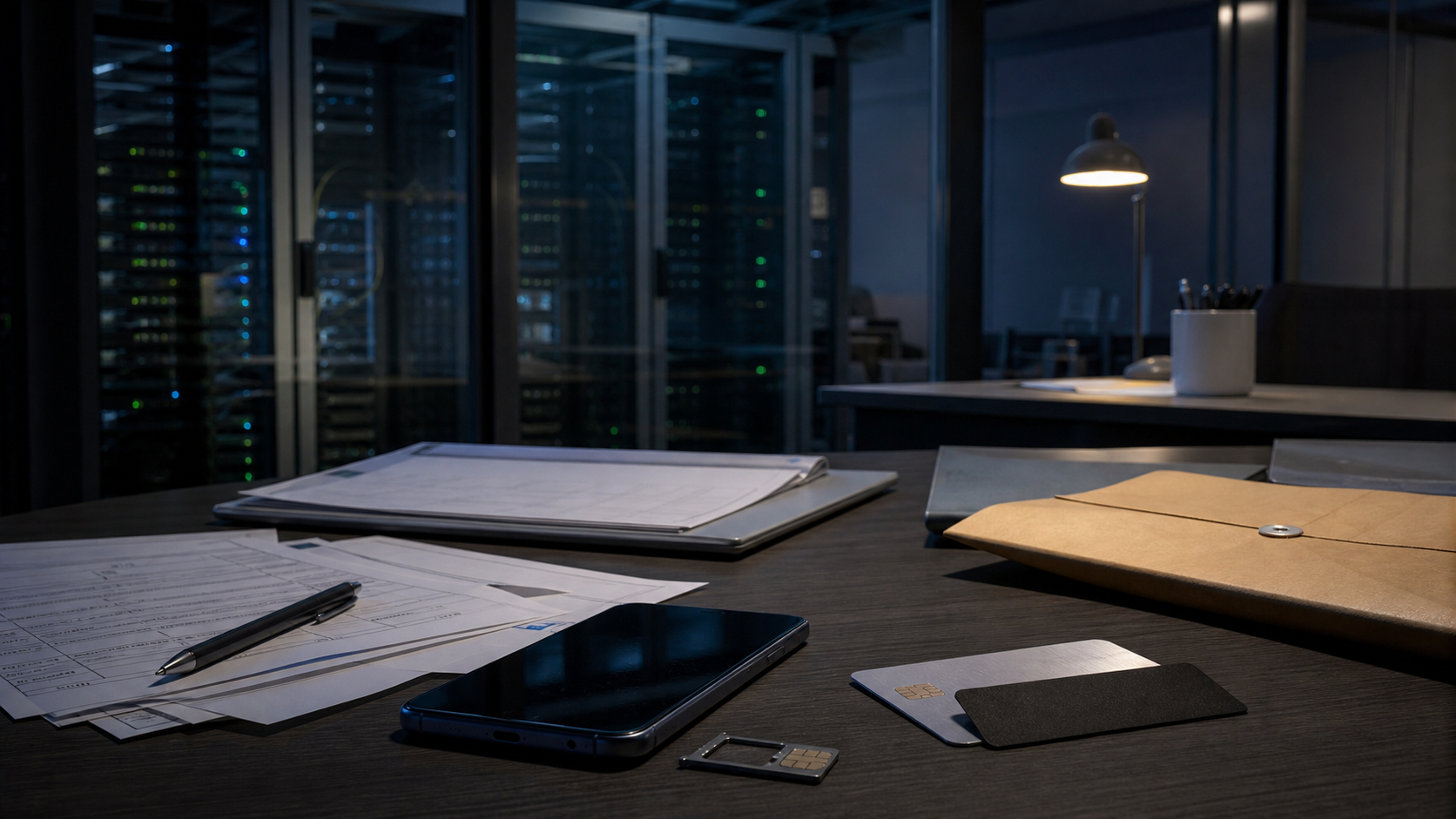 Generated editorial scene of a French telecom operations workspace with customer account forms, a SIM tray and locked compliance storage after a data breach