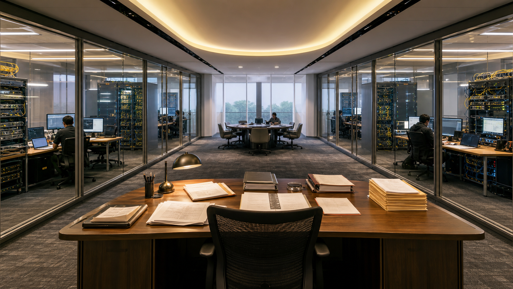 A registry records desk separated from independently operated network rooms.
