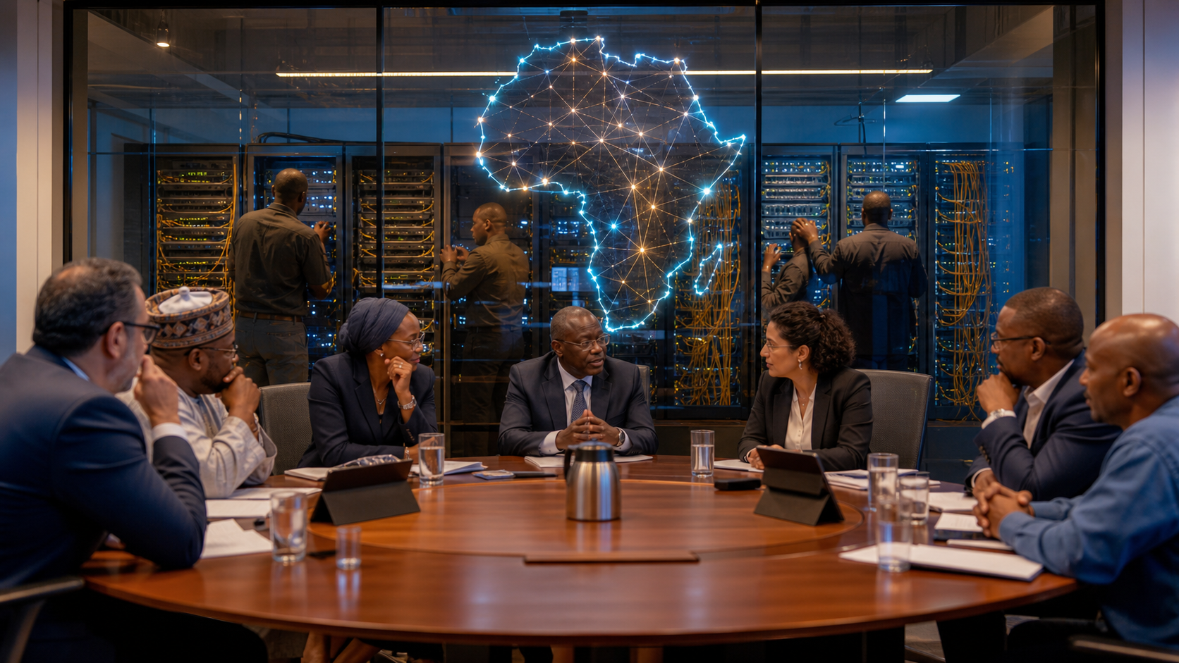 African governance delegates meeting in front of an active internet operations floor.