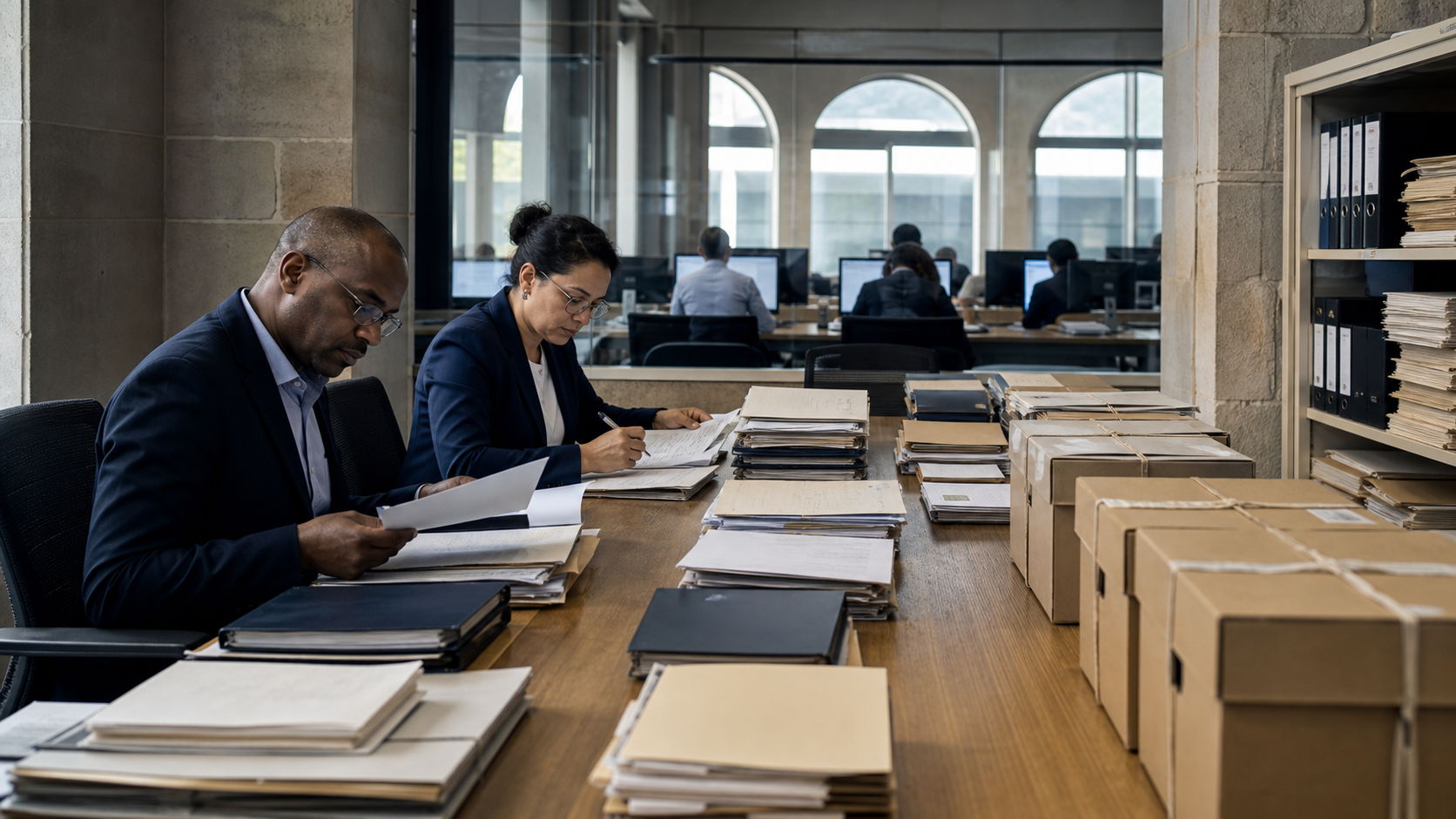 Independent auditors reviewing legal invoices and approval records beside registry operations.