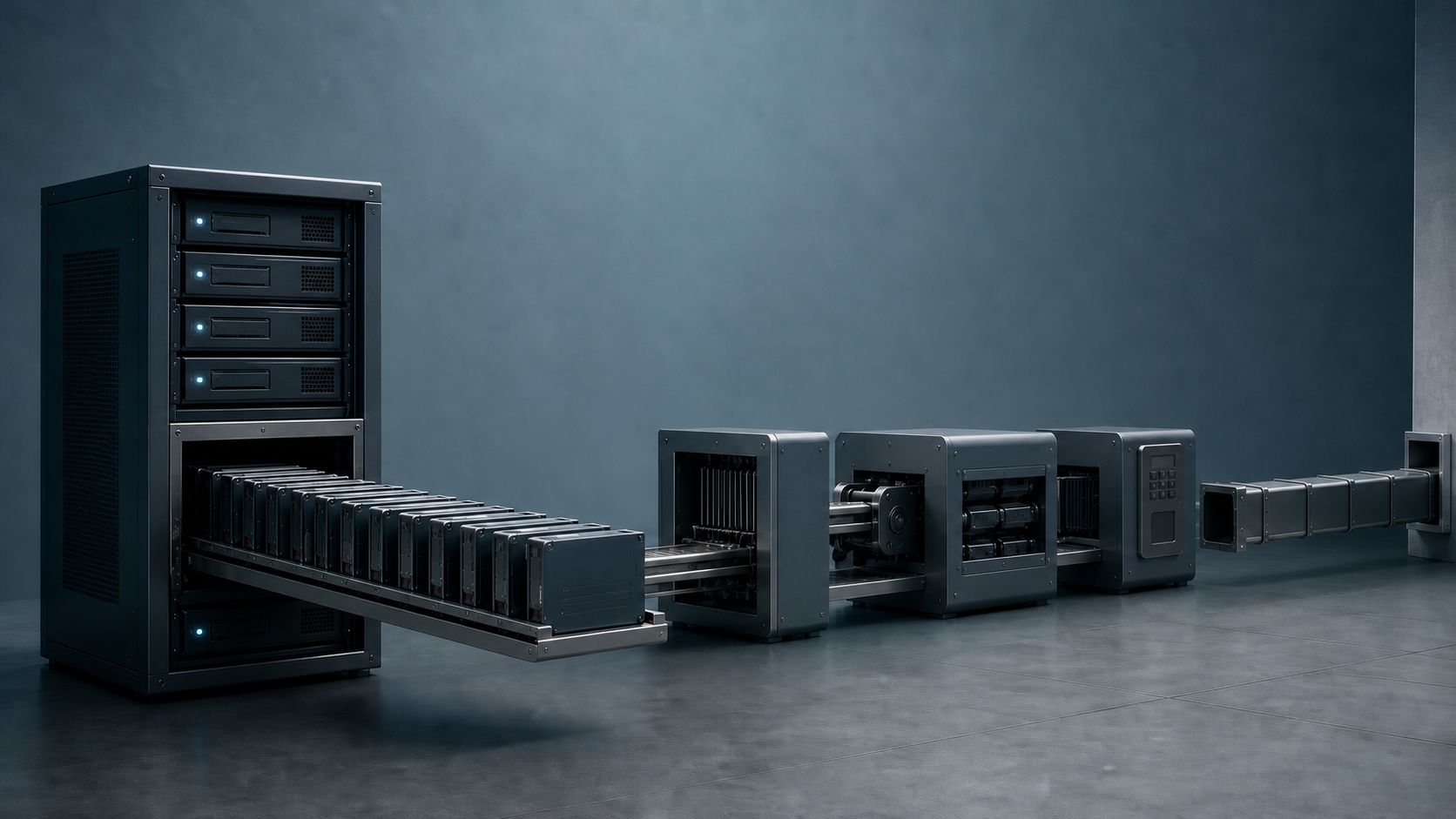 Storage cartridges moving from a server rack through metered processing stages toward a constrained export conduit.