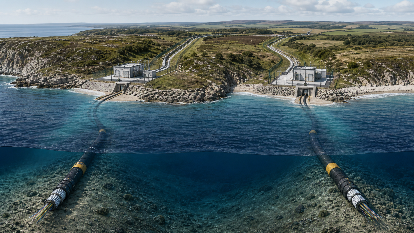 Two submarine fibre cables reaching separate coastal landing facilities and independent inland corridors.