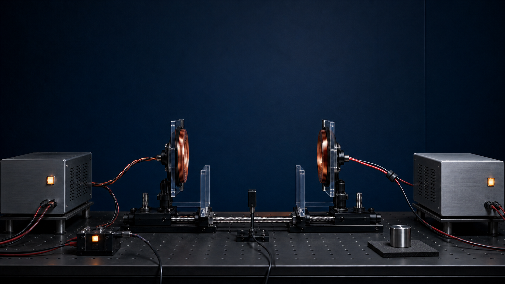 Two copper coils on an adjustable wireless-power test bench with meters and a metal safety test object.