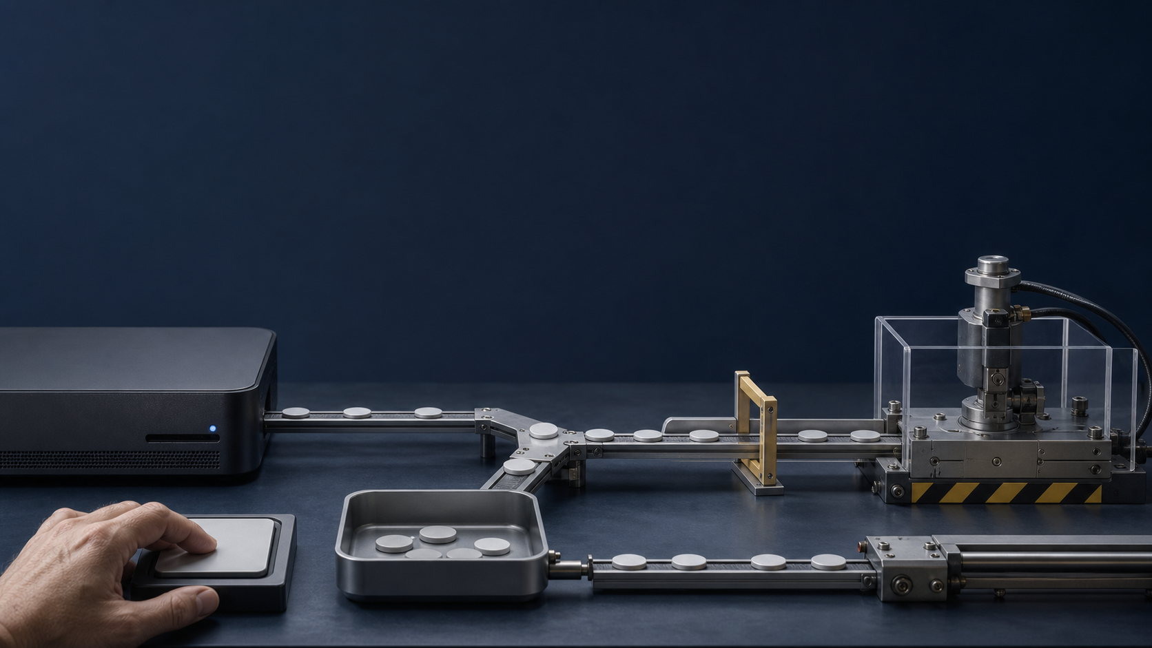 A controlled workflow separating AI suggestions, human approval, guarded action and a rollback rail.
