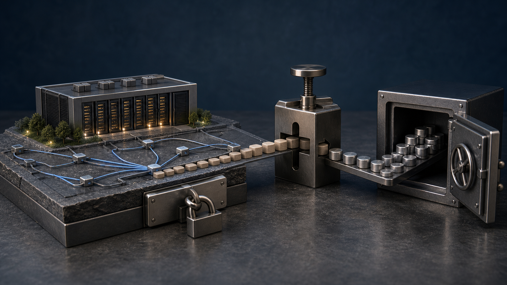 A secured data-centre asset model with mismatched revenue and debt-service tokens passing through a stress gate.