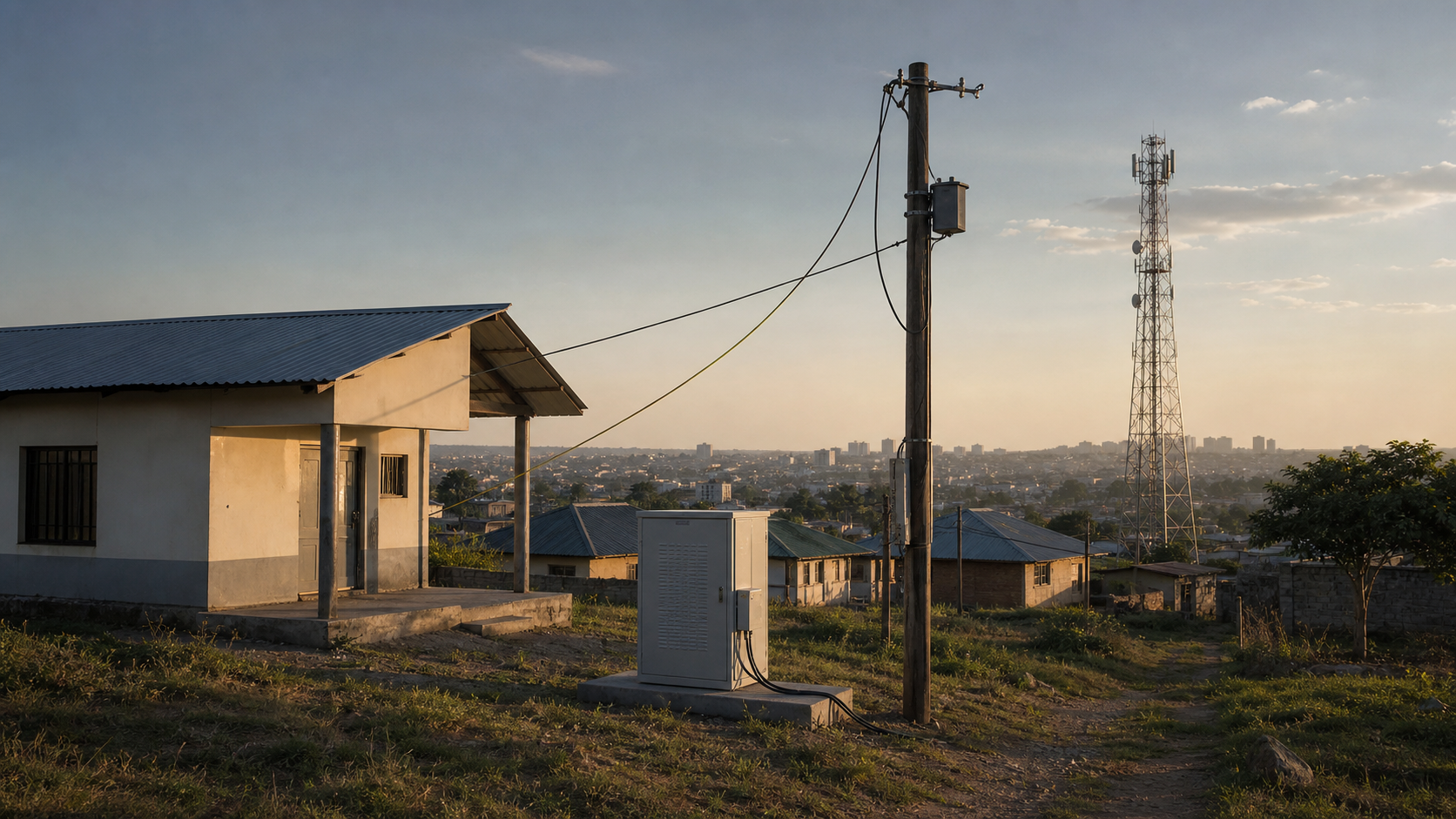 A local network cabinet, community premises and a distant tower forming a physical internet access chain.