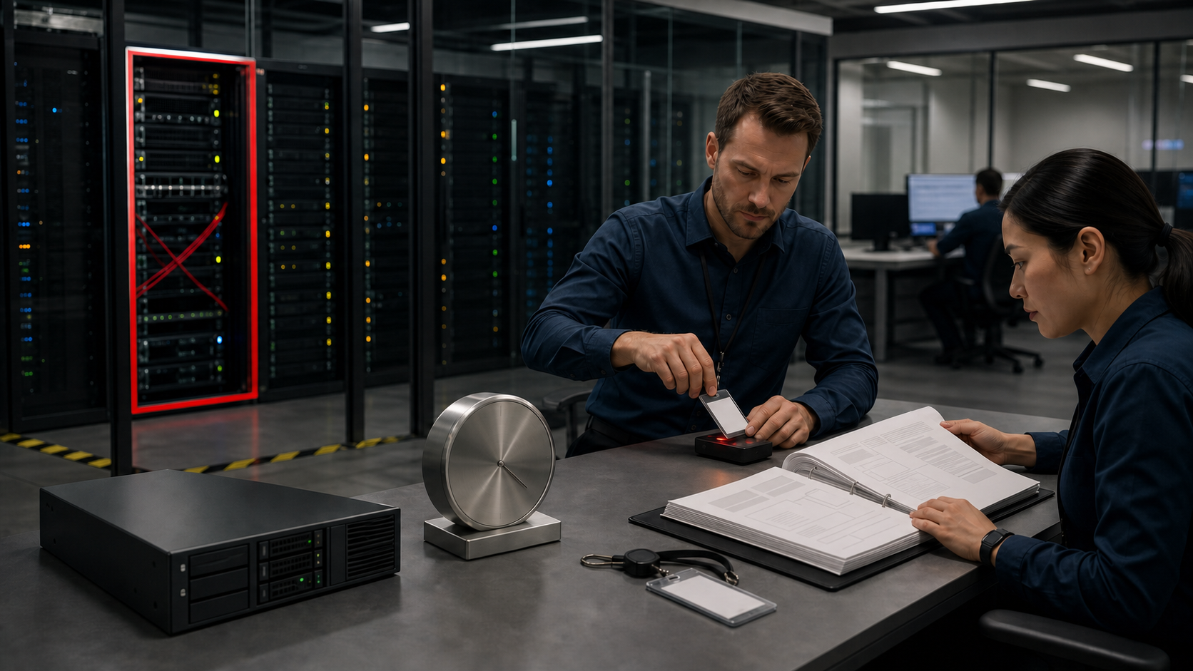 Operators isolating a server segment and restoring from a clean backup beside an unlabeled timing instrument.