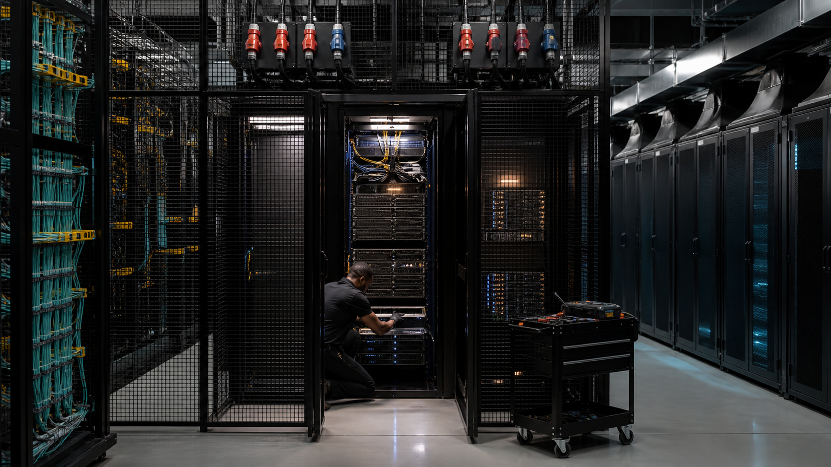A secure colocation cage with dual power, fibre cross-connect trays and a technician performing controlled remote hands.