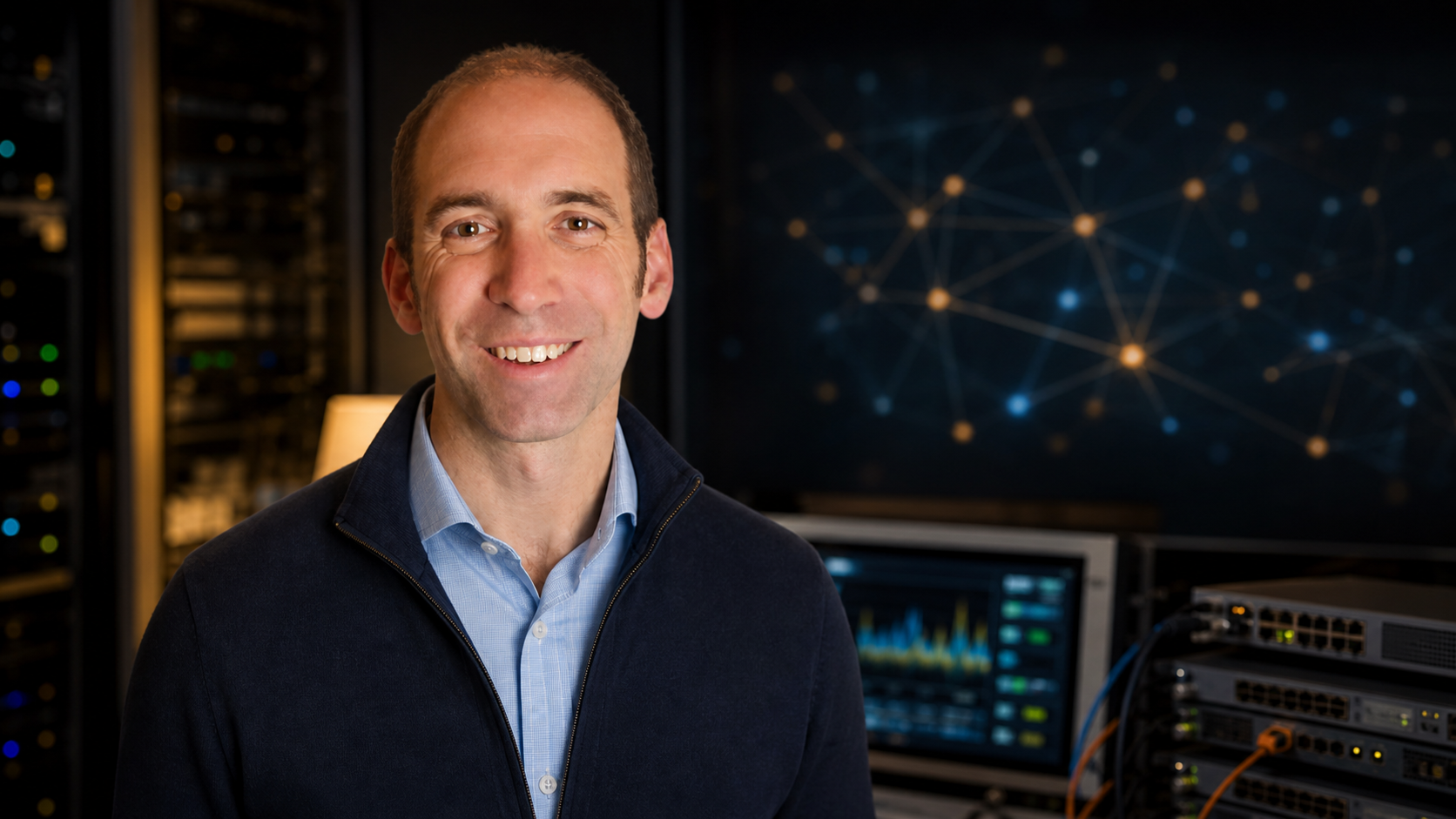 AI editorial portrait of Nick Feamster in a university network-measurement lab.