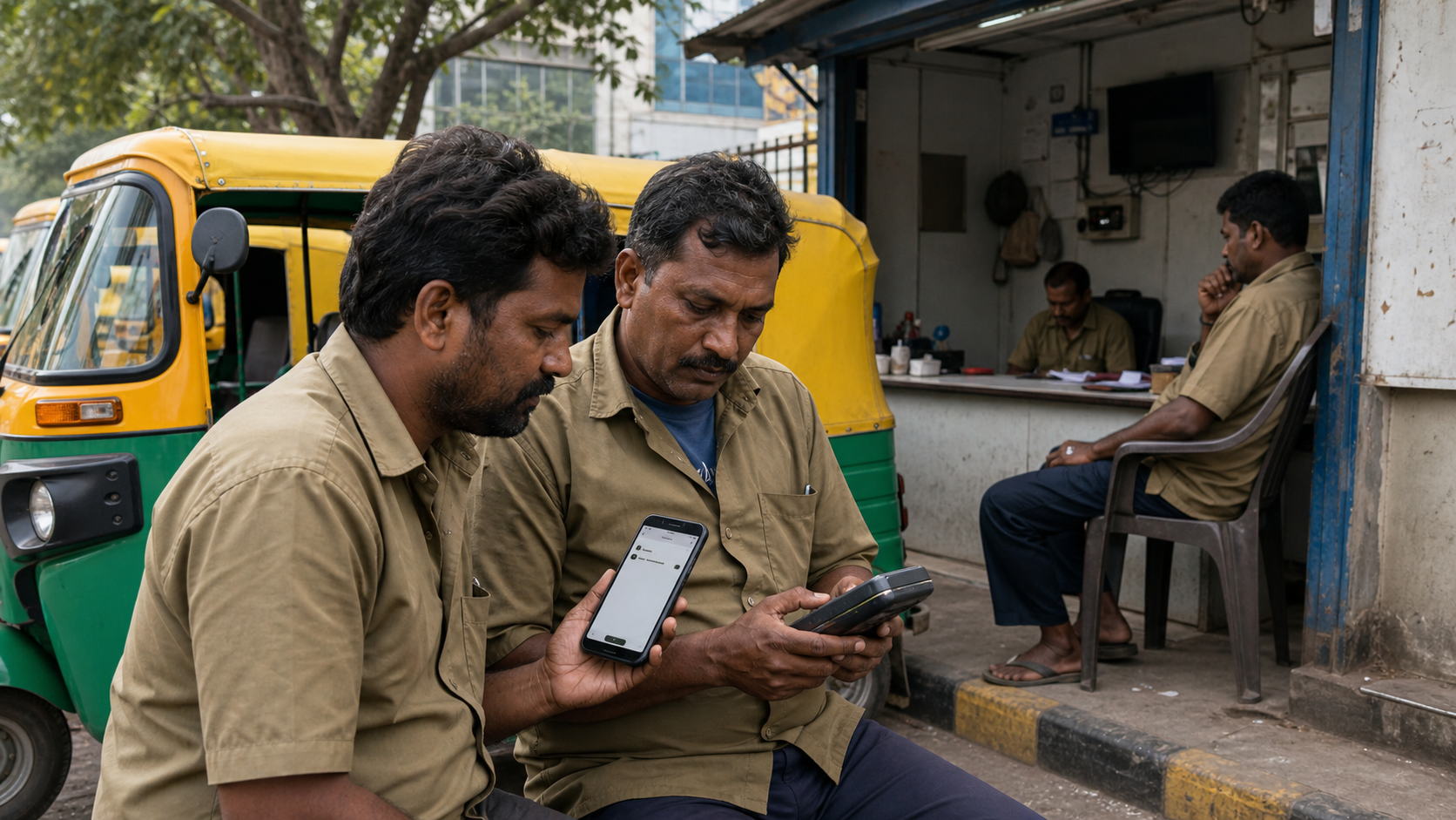Auto-rickshaw drivers in Bengaluru reviewing an unbranded digital booking screen and payment terminal beside their vehicles.