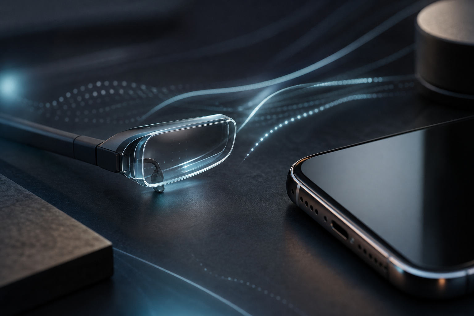 Generated editorial image of an AR monocle lens beside a smartphone with abstract spatial light traces