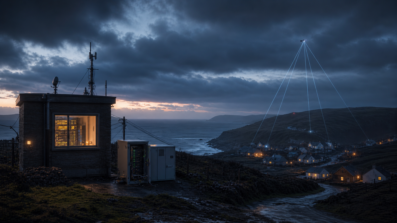 Remote UK rural home with satellite broadband link under a wide evening sky.