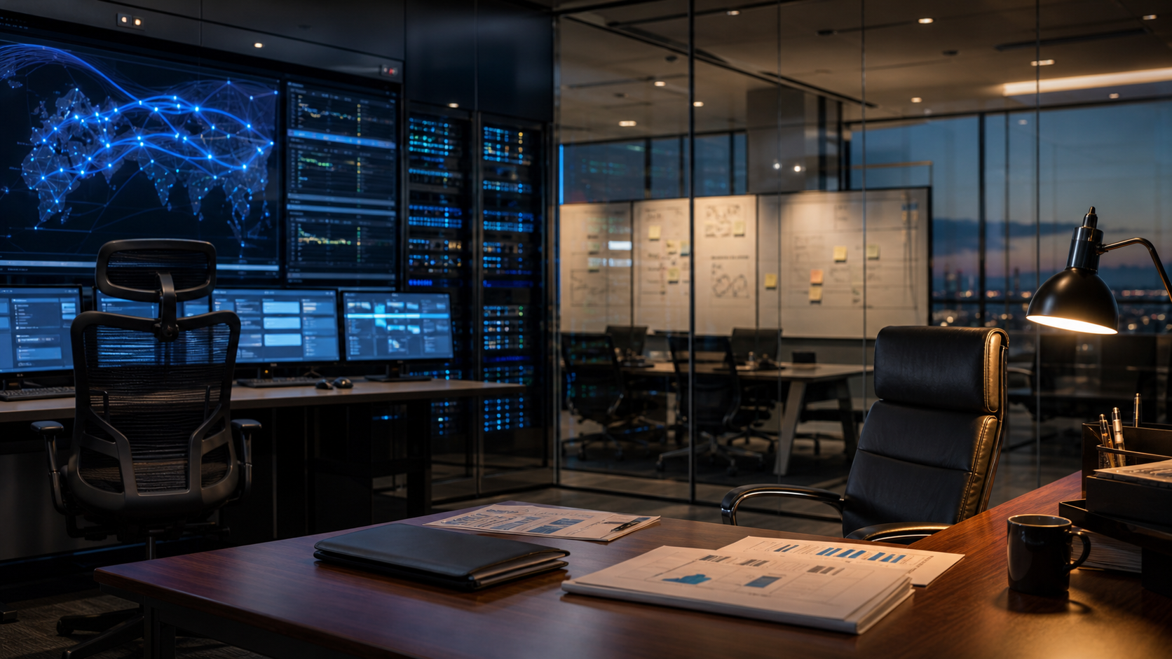 Optical-network finance operations room with an empty executive chair, network consoles and finance materials representing Ciena's CFO transition